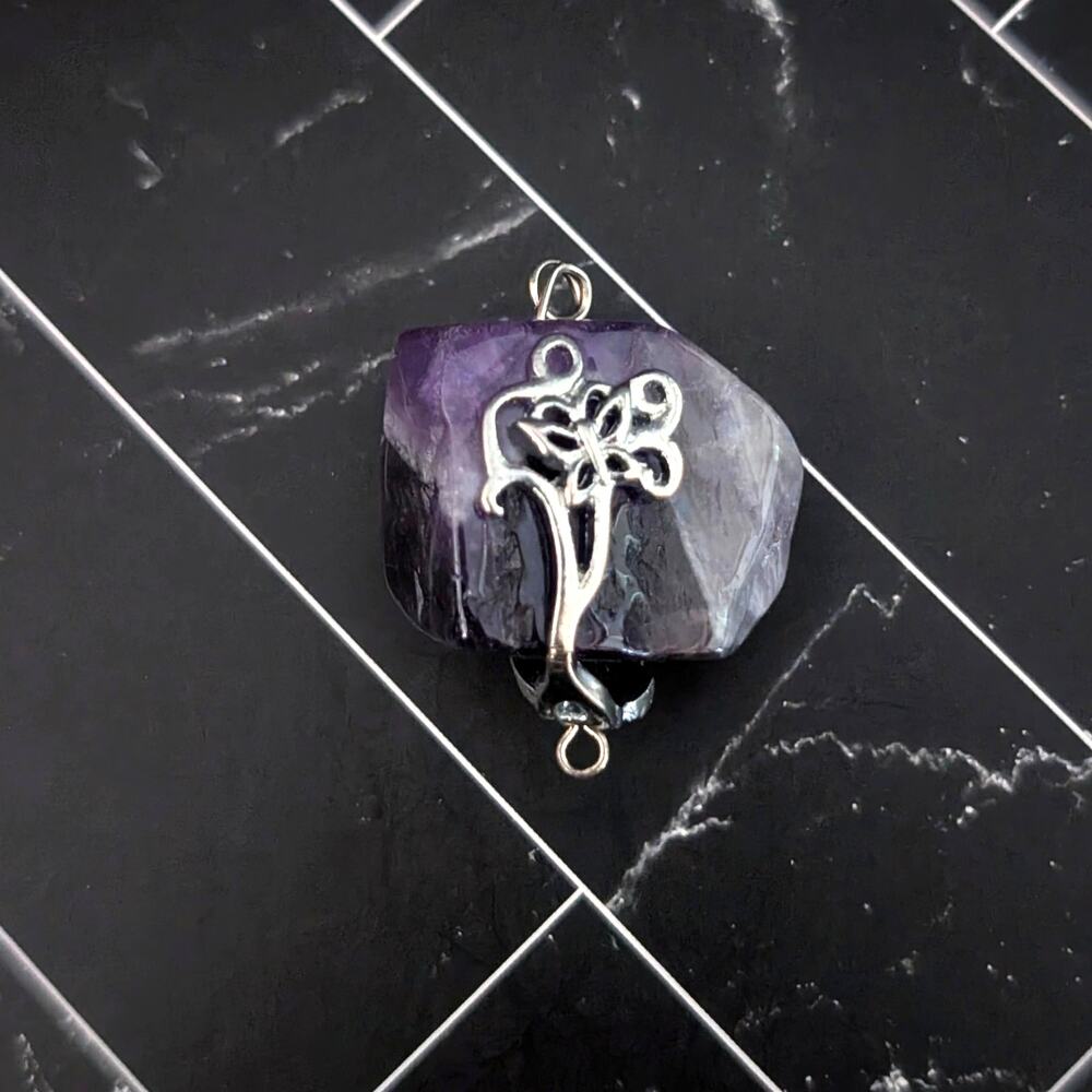 Vintage Pendant Raw Purple Stone with Silver Tone Accent - No Chain Included